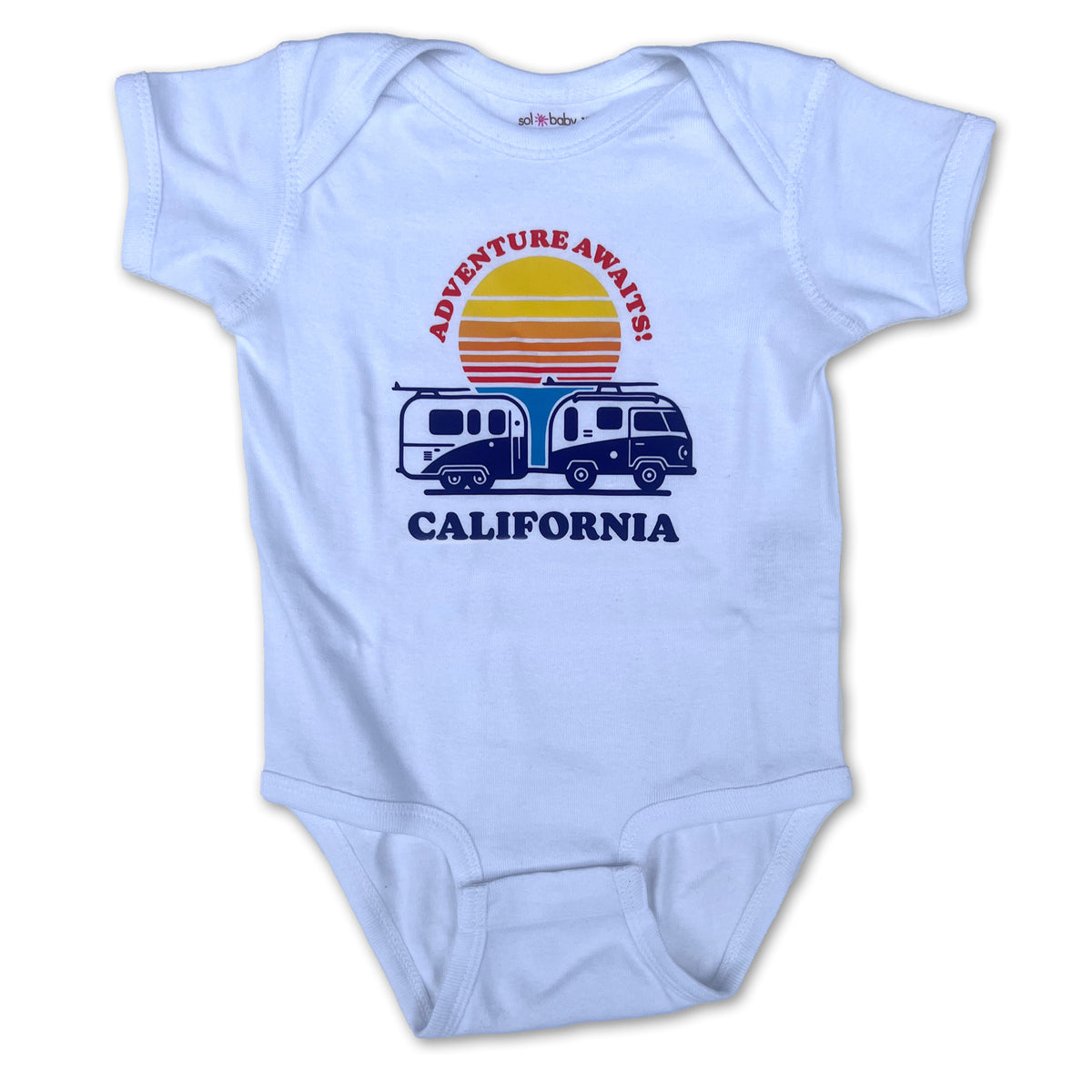 Sol Baby Adventure Awaits California Beach Camper Short Sleeve White  Bodysuit