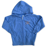 A blue zip up hoodie with a colorful rainbow wave graphic on the front.