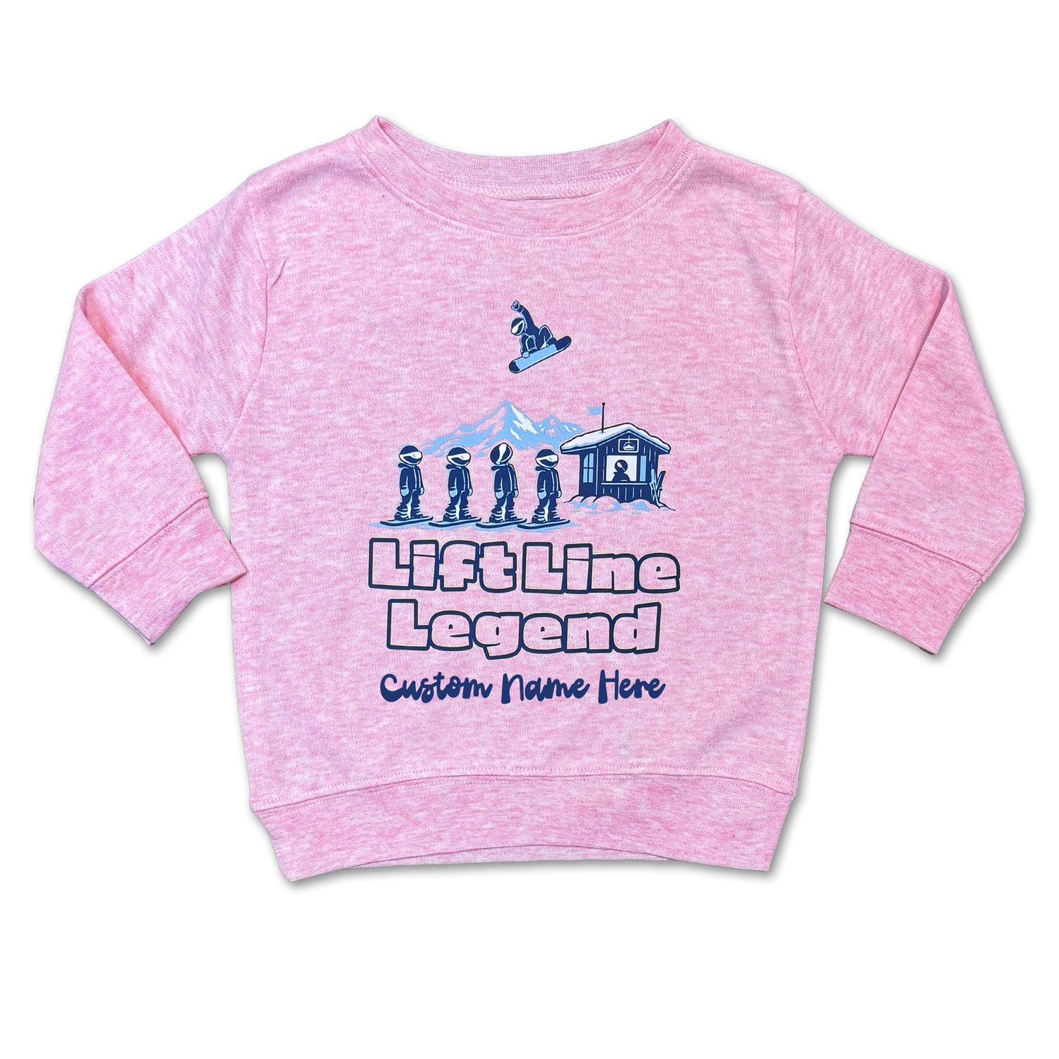 Pink sweatshirt with 'Lift Line Legend' design on a white background