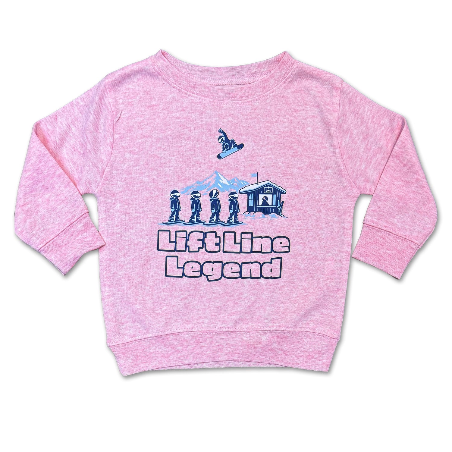 Pink sweatshirt with 'Lift Line Legend' graphic on a white background