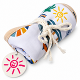 Sol Baby South Bay bamboo lovey blanket rolled and tied with cream cord