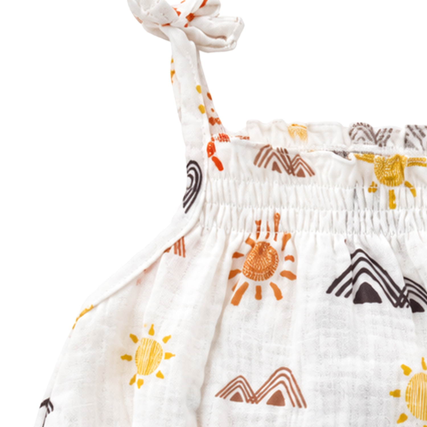 Sol Baby Sun-Mountain Bubble Romper — shoulder ties detail