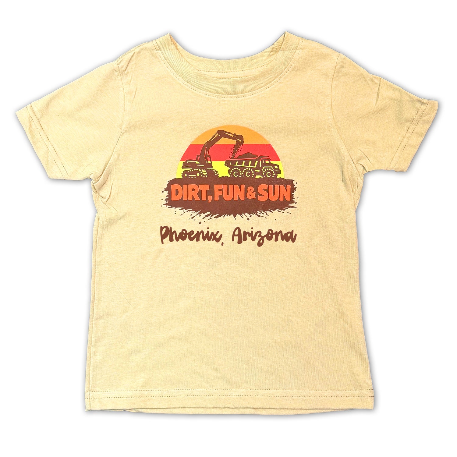 Beige t-shirt with 'Dirt, Fun & Sun Phoenix, Arizona' graphic on a white background
