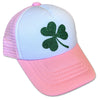 Kids trucker hat with green glitter shamrock on light blue front and pink mesh sides