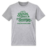 Gray t-shirt with green text and customizable name on a white background