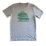 Gray t-shirt with green text 'If I Shenan once, I'll Shenanigan Hermosa Beach, CA' on a white background
