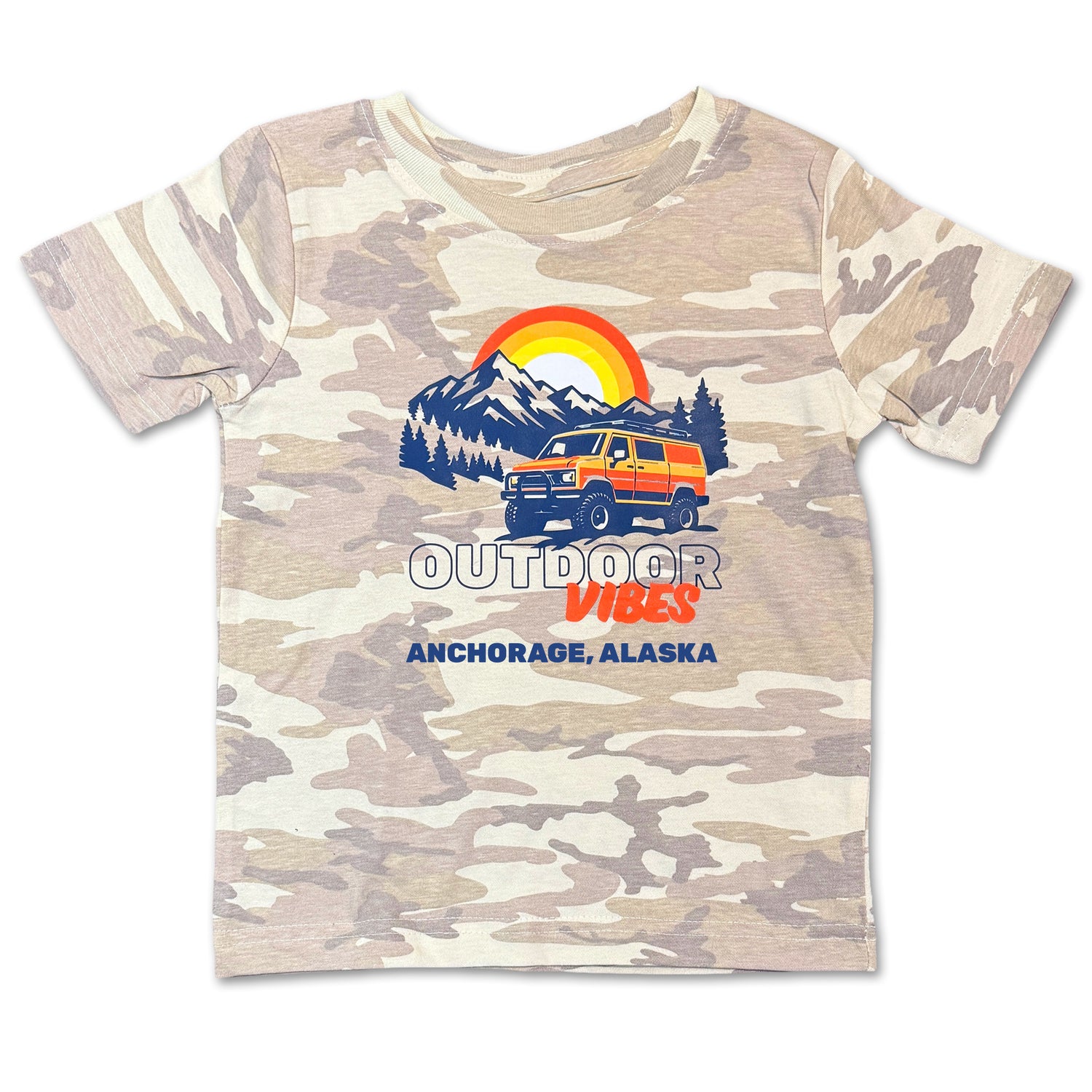 Camouflage t-shirt with outdoor graphic and text on a white background