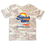 Camouflage t-shirt with outdoor graphic and text on a white background
