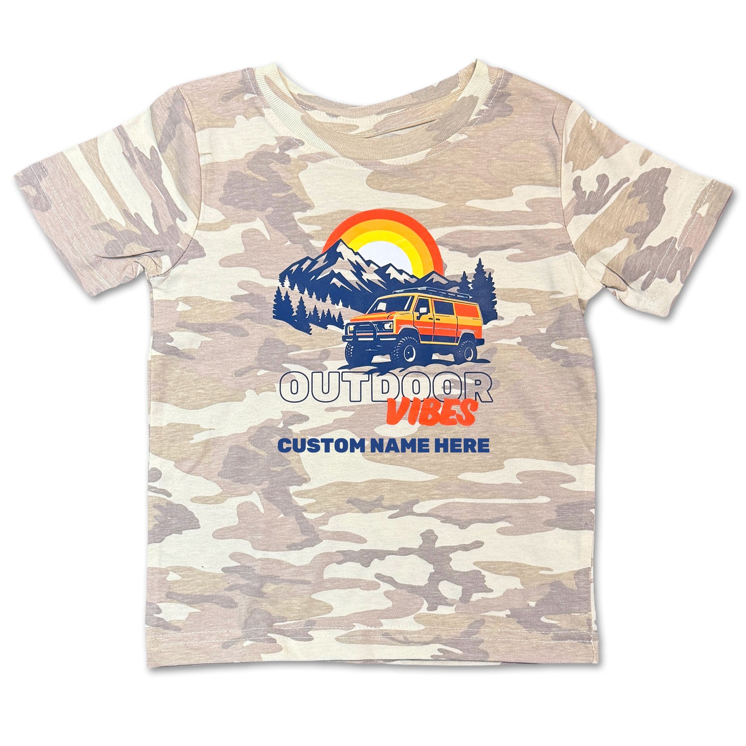 Camouflage t-shirt with outdoor graphic and 'Outdoor Vibes' text on a white background