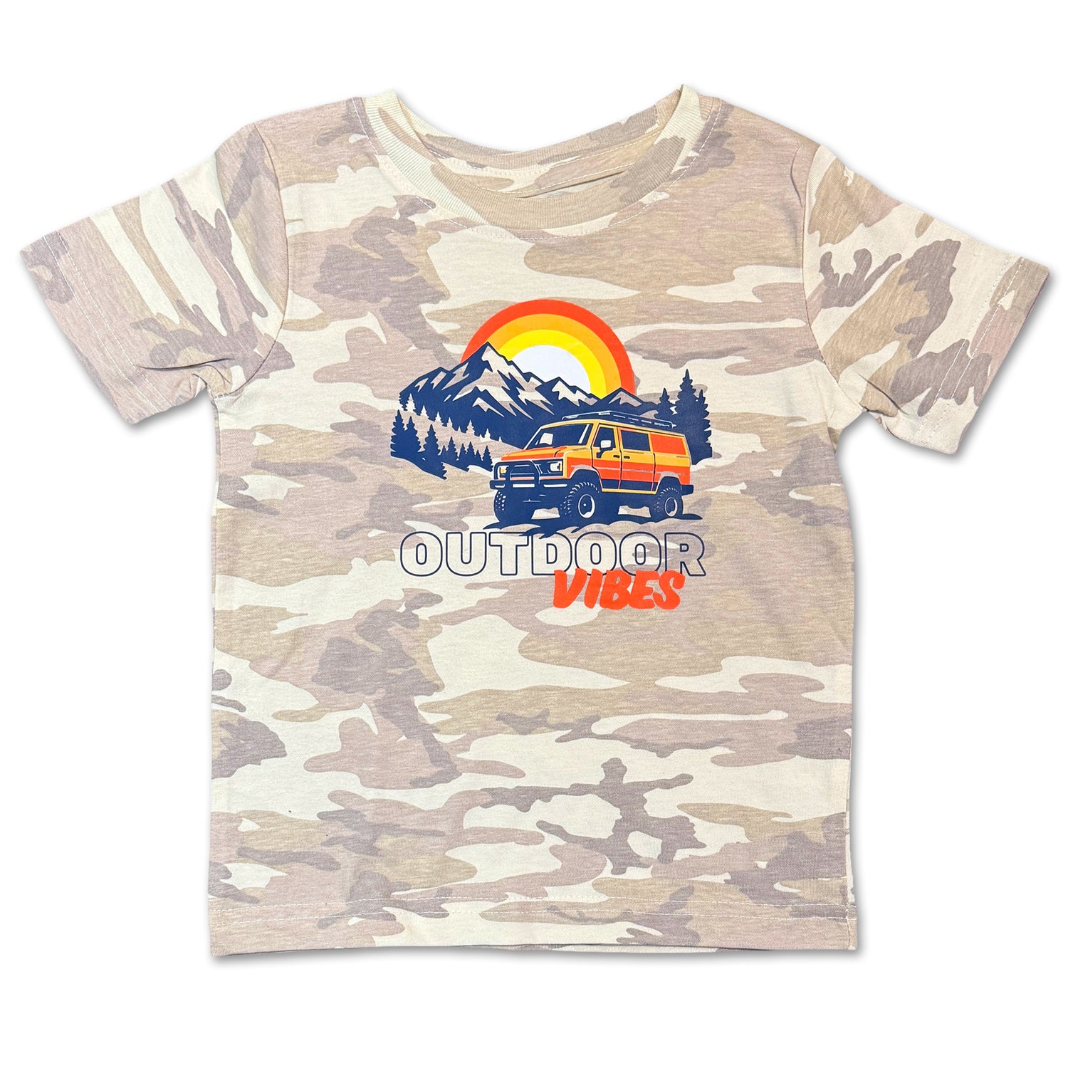 Camouflage t-shirt with a graphic of a van and mountains, labeled 'Outdoor Vibes', on a white background.