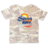 Camouflage t-shirt with a graphic of a van and mountains, labeled 'Outdoor Vibes', on a white background.