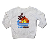 Gray sweatshirt with a 'Maui Hawaii' design featuring palm trees and a sunset on a white background.