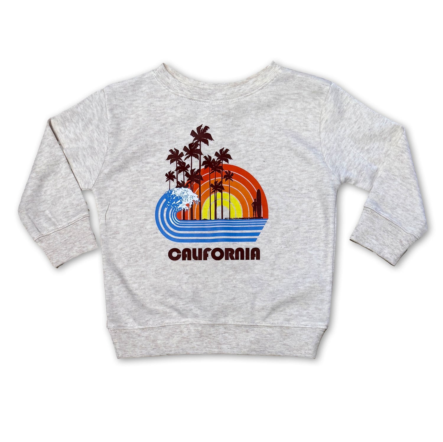 Gray sweatshirt with a California-themed graphic on a white background