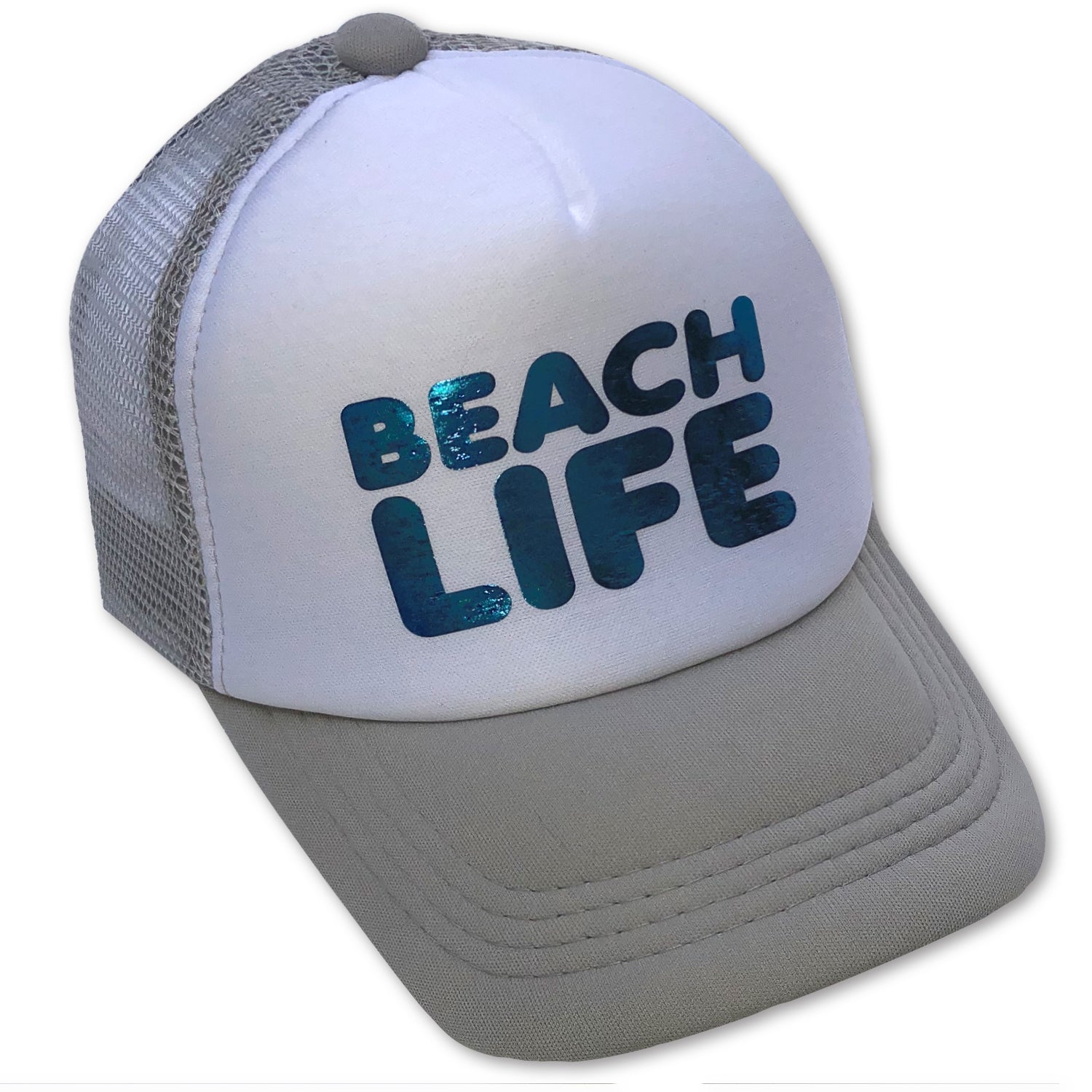 Sol Baby Blue Foil Beach Life Gray Trucker Hat
